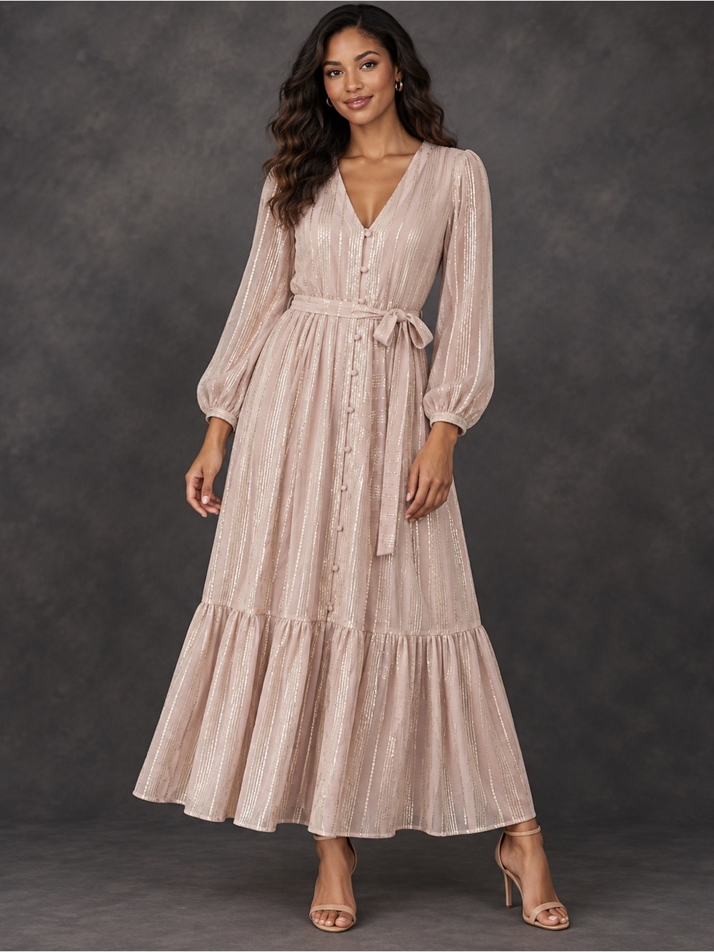 Saltwater Luxe Champagne Tan Harley Sequins Midi Dress S